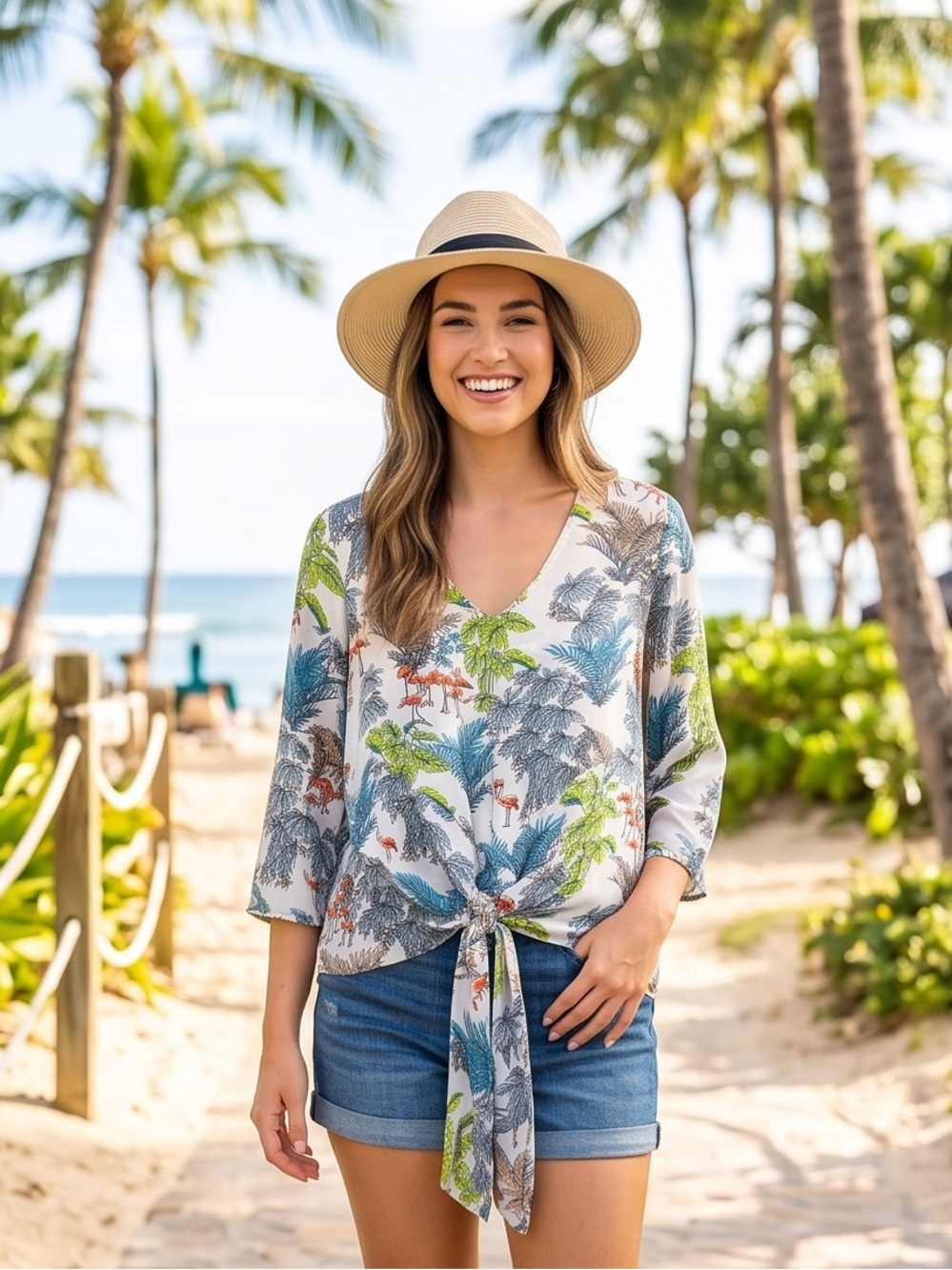 Signature Studio White Blouse with Blue, Green & Pink Tropical Print